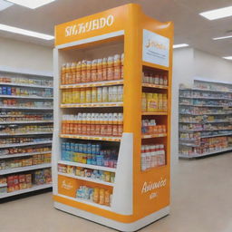 A gargantuan-sized Shiseido-like sunblock on display at a pharmacy. Include a vibrant and engaging point of purchase (POP) island display.