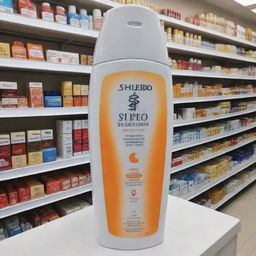 A giant Shiseido-inspired sunscreen on display in a pharmacy. The bottle is eye-catching and prominently placed.