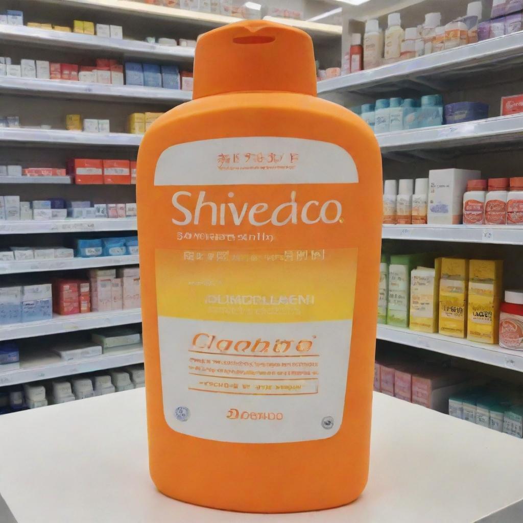 A giant Shiseido-inspired sunscreen on display in a pharmacy. The bottle is eye-catching and prominently placed.