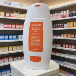 A giant Shiseido-inspired sunscreen on display in a pharmacy. The bottle is eye-catching and prominently placed.