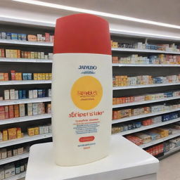 A giant Shiseido-inspired sunscreen on display in a pharmacy. The bottle is eye-catching and prominently placed.