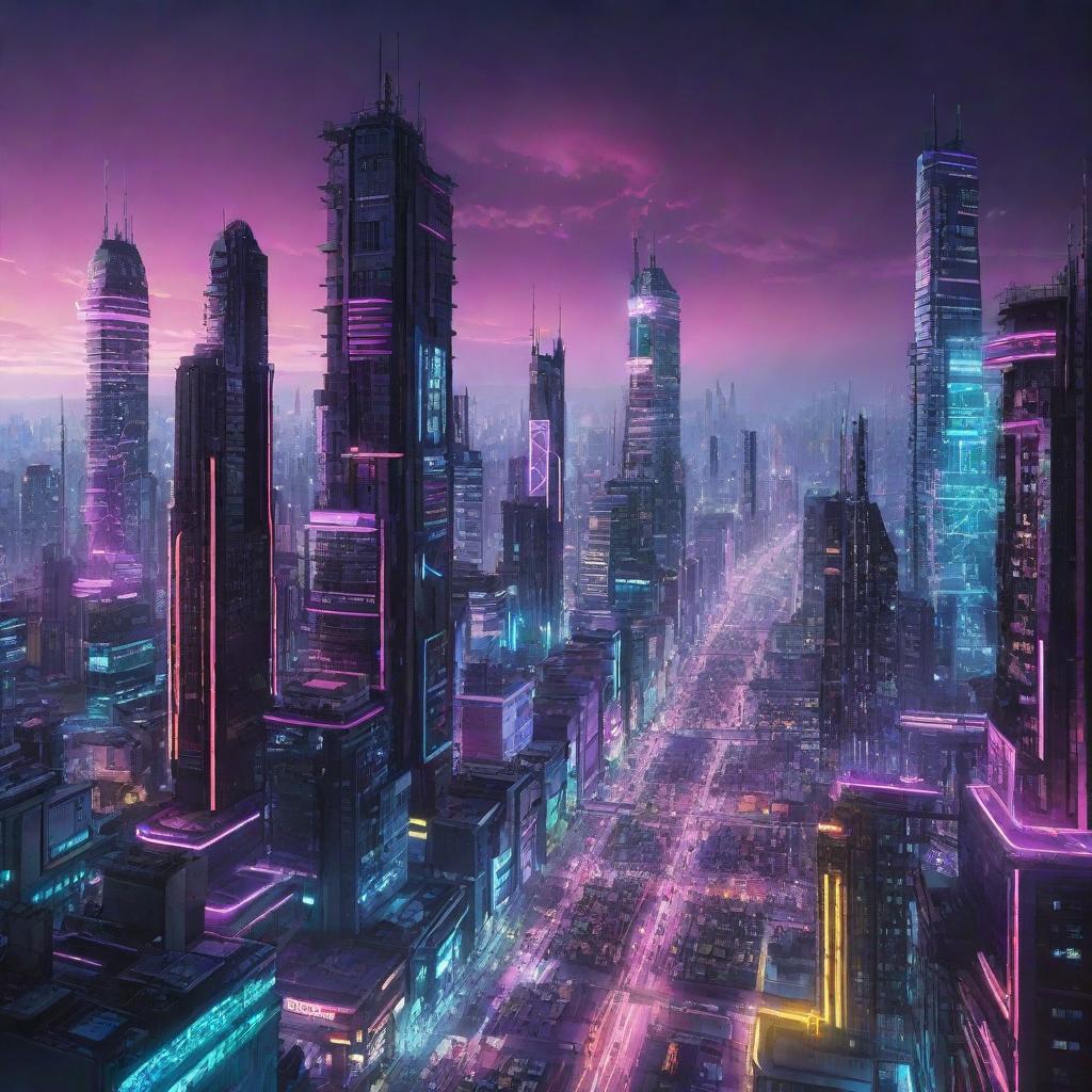 A striking image illustrating a futuristic Electricpunk city, full of sleek design elements, vibrant neon colors, and abundant cutting-edge, electricity powered technology.