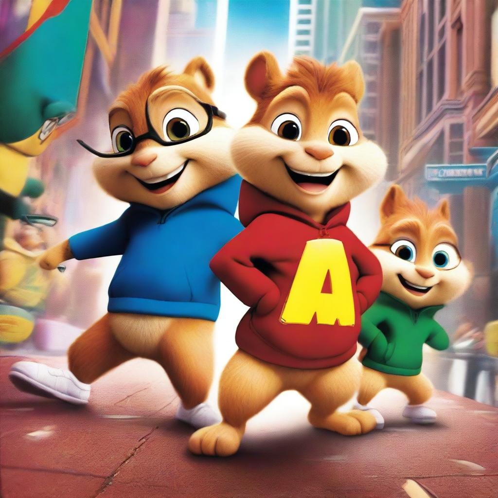 A vibrant, digitally rendered movie cover art featuring Alvin and the Chipmunks in a playful, dynamic pose