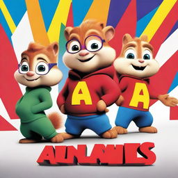 A vibrant, digitally rendered movie cover art featuring Alvin and the Chipmunks in a playful, dynamic pose