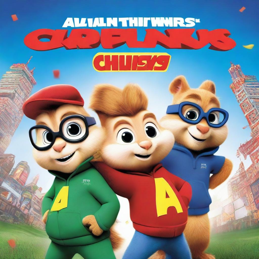 A vibrant, digitally rendered movie cover art featuring Alvin and the Chipmunks in a playful, dynamic pose