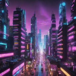 A striking image illustrating a futuristic Electricpunk city, full of sleek design elements, vibrant neon colors, and abundant cutting-edge, electricity powered technology.