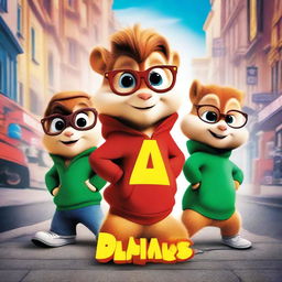 A vibrant, digitally rendered movie cover art featuring Alvin and the Chipmunks in a playful, dynamic pose