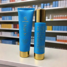 A sizable Shiseido-inspired sunscreen positioned in a pharmacy. The bottle is attractively blue with letters in shiny gold.