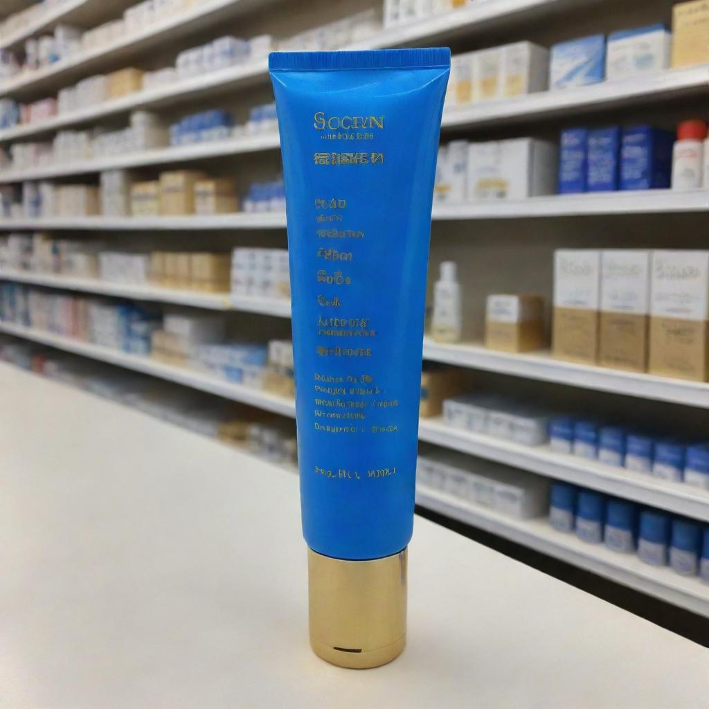 A sizable Shiseido-inspired sunscreen positioned in a pharmacy. The bottle is attractively blue with letters in shiny gold.