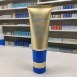 A sizable Shiseido-inspired sunscreen positioned in a pharmacy. The bottle is attractively blue with letters in shiny gold.