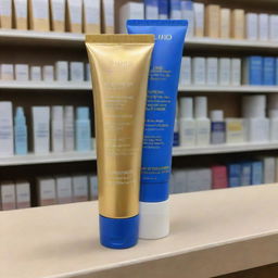 A sizable Shiseido-inspired sunscreen positioned in a pharmacy. The bottle is attractively blue with letters in shiny gold.