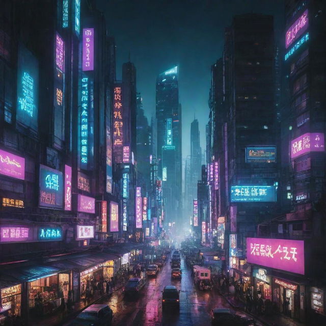 A brightly-lit nighttime image of a Cyberpunk city, brimming with high-tech skyscrapers, neon signage, and advanced technology amidst a gritty urban landscape.