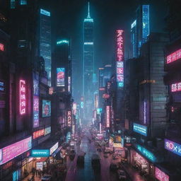 A brightly-lit nighttime image of a Cyberpunk city, brimming with high-tech skyscrapers, neon signage, and advanced technology amidst a gritty urban landscape.