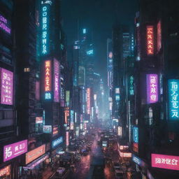 A brightly-lit nighttime image of a Cyberpunk city, brimming with high-tech skyscrapers, neon signage, and advanced technology amidst a gritty urban landscape.