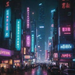 A brightly-lit nighttime image of a Cyberpunk city, brimming with high-tech skyscrapers, neon signage, and advanced technology amidst a gritty urban landscape.