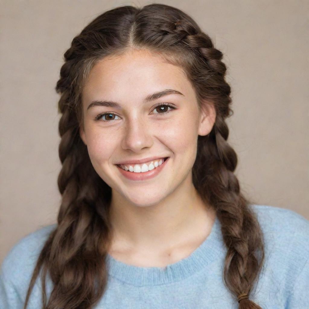 A cheerful 20-year-old individual with long, braided brown hair, striking hazel eyes, and an ivory skin tone, radiantly smiling to reveal charming dimples.