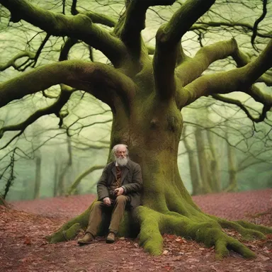 The author beautifully described the scene where the weary traveler leaned against the mossy tree trunk and whiffed his pipe, reminiscing about his adventurous past.