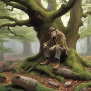 The author beautifully described the scene where the weary traveler leaned against the mossy tree trunk and whiffed his pipe, reminiscing about his adventurous past.