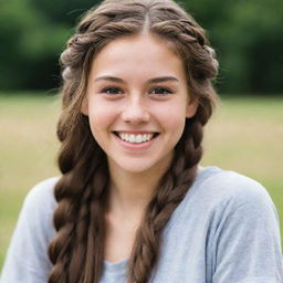 A cheerful 20-year-old individual with long, braided brown hair, striking hazel eyes, and an ivory skin tone, radiantly smiling to reveal charming dimples.