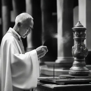 The priest carefully whiffs the incense while performing the ceremonial rituals.