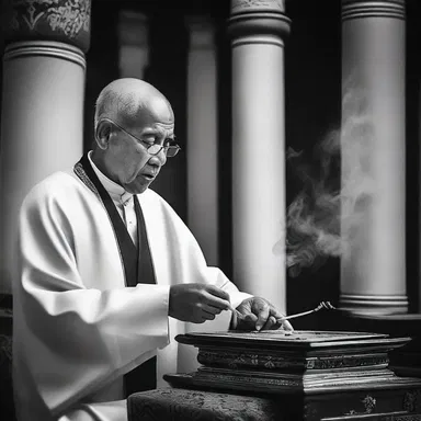 The priest carefully whiffs the incense while performing the ceremonial rituals.