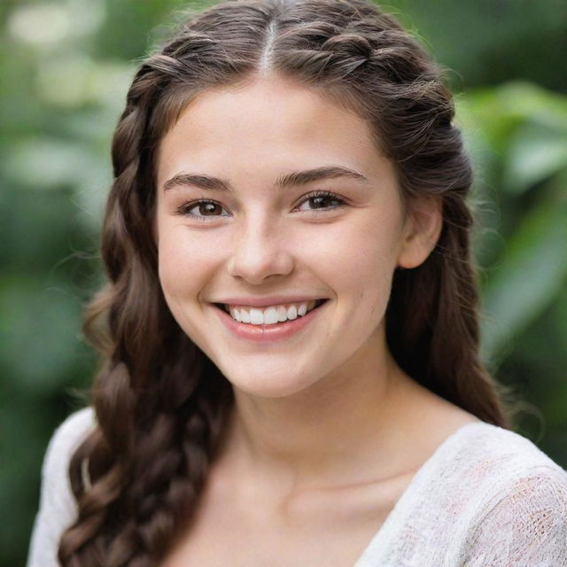 A cheerful 20-year-old individual with long, braided brown hair, striking hazel eyes, and an ivory skin tone, radiantly smiling to reveal charming dimples.