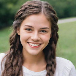 A cheerful 20-year-old individual with long, braided brown hair, striking hazel eyes, and an ivory skin tone, radiantly smiling to reveal charming dimples.