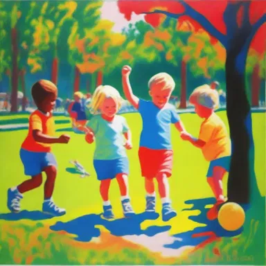 The artist used vibrant colors and bold strokes to portray the innocence and joy of the young tykes playing in the park.