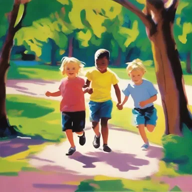 The artist used vibrant colors and bold strokes to portray the innocence and joy of the young tykes playing in the park.