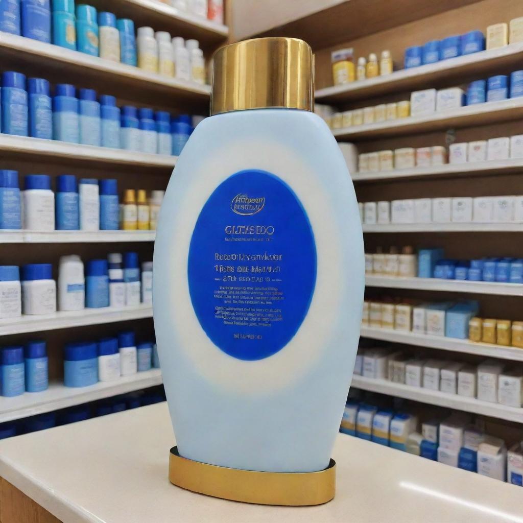 An oversized oval-shaped sunscreen, inspired by Shiseido design, standing out in a pharmacy. The product is alluringly blue with golden lettering.