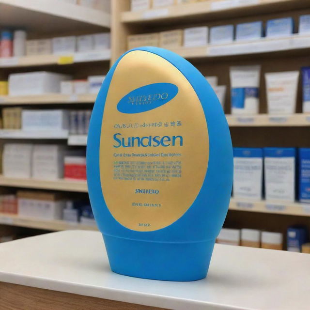 An oversized oval-shaped sunscreen, inspired by Shiseido design, standing out in a pharmacy. The product is alluringly blue with golden lettering.