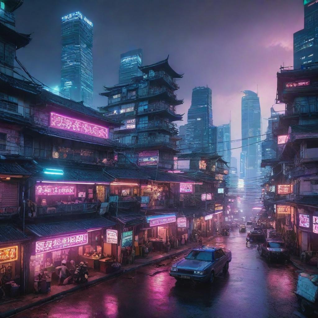 A captivating image depicting a Cyberpunk vision of an Indonesian city, blending its traditional architecture with futuristically high-tech elements and vibrant neon lights.