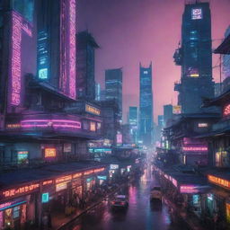 A captivating image depicting a Cyberpunk vision of an Indonesian city, blending its traditional architecture with futuristically high-tech elements and vibrant neon lights.