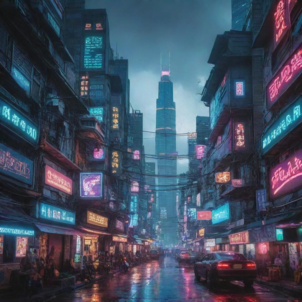 A captivating image depicting a Cyberpunk vision of an Indonesian city, blending its traditional architecture with futuristically high-tech elements and vibrant neon lights.