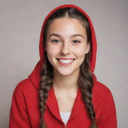 A cheerful 20-year-old individual with long, braided brown hair, striking hazel eyes, and an ivory skin tone, radiantly smiling to reveal charming dimples, dressed in a vibrant red hoodie.