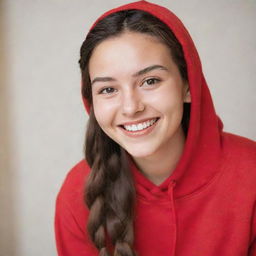 A cheerful 20-year-old individual with long, braided brown hair, striking hazel eyes, and an ivory skin tone, radiantly smiling to reveal charming dimples, dressed in a vibrant red hoodie.