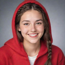 A cheerful 20-year-old individual with long, braided brown hair, striking hazel eyes, and an ivory skin tone, radiantly smiling to reveal charming dimples, dressed in a vibrant red hoodie.