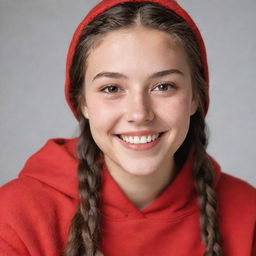 A cheerful 20-year-old individual with long, braided brown hair, striking hazel eyes, and an ivory skin tone, radiantly smiling to reveal charming dimples, dressed in a vibrant red hoodie.