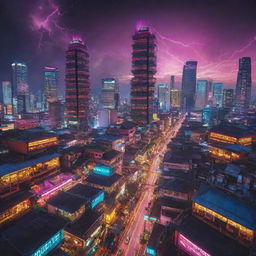 An energetic image portraying an Indonesian city in an Electricpunk style, colliding traditional Indonesian architecture with futuristic electric technology and vivid electrifying colors.