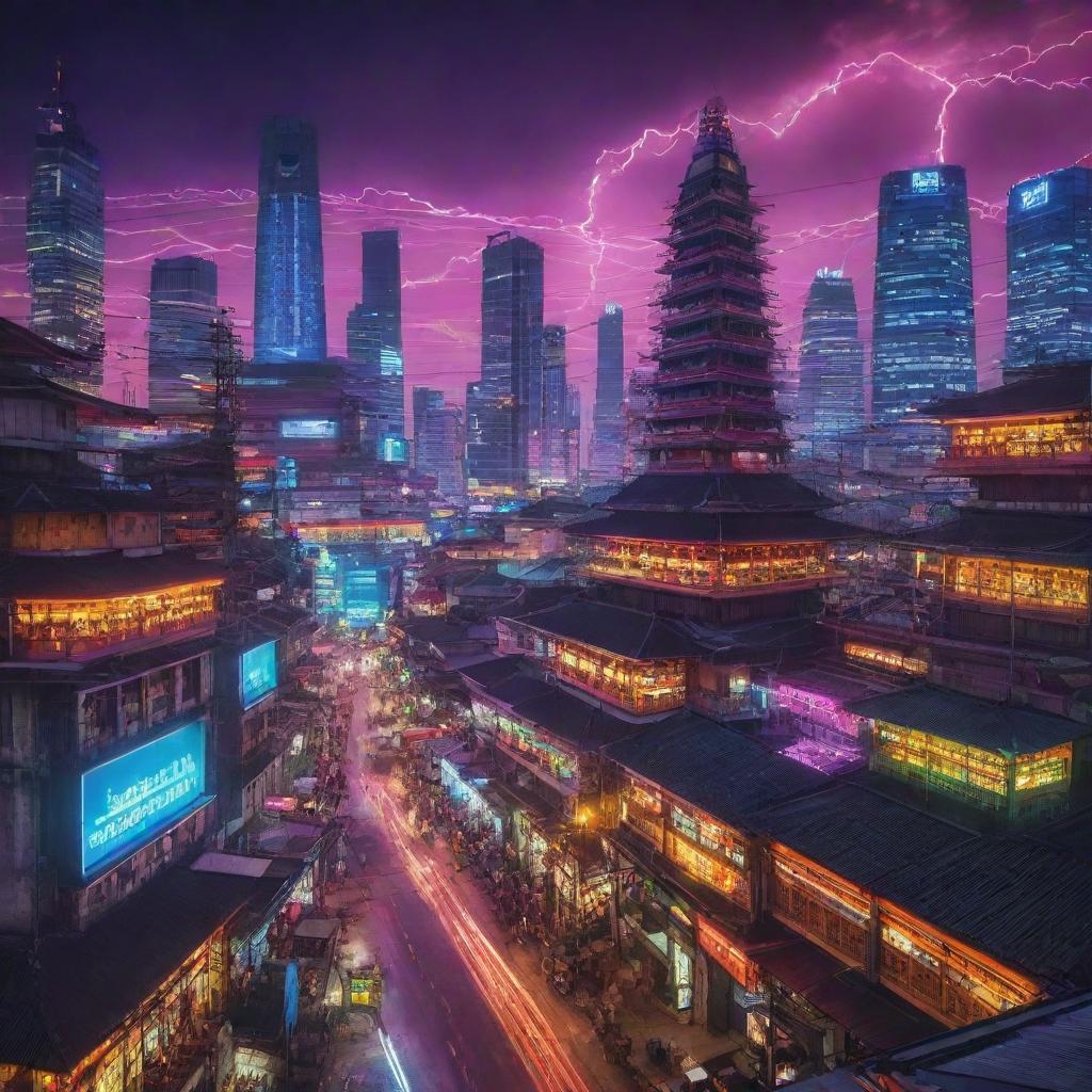 An energetic image portraying an Indonesian city in an Electricpunk style, colliding traditional Indonesian architecture with futuristic electric technology and vivid electrifying colors.