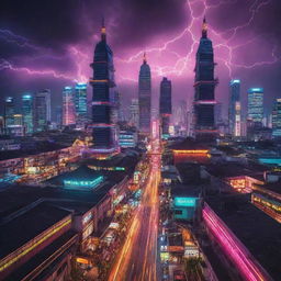 An energetic image portraying an Indonesian city in an Electricpunk style, colliding traditional Indonesian architecture with futuristic electric technology and vivid electrifying colors.