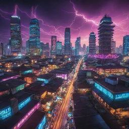 An energetic image portraying an Indonesian city in an Electricpunk style, colliding traditional Indonesian architecture with futuristic electric technology and vivid electrifying colors.