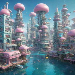 A whimsical image of a Seapunk city, filled with pastel-colored structures, underwater elements, and digital sea-life, all set in a marine-themed, retro-futuristic environment.