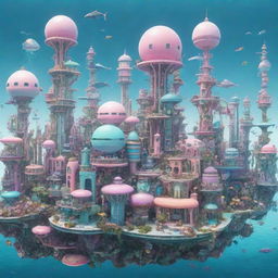 A whimsical image of a Seapunk city, filled with pastel-colored structures, underwater elements, and digital sea-life, all set in a marine-themed, retro-futuristic environment.