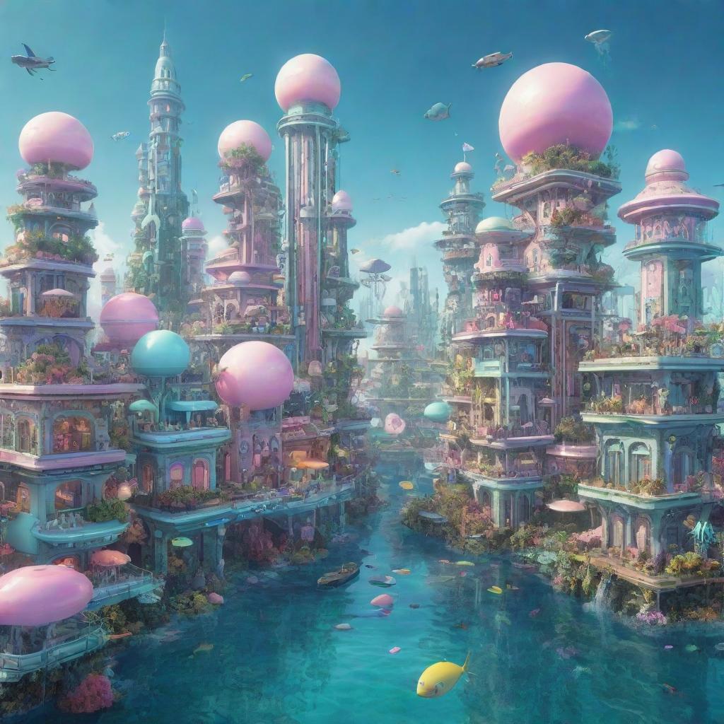 A whimsical image of a Seapunk city, filled with pastel-colored structures, underwater elements, and digital sea-life, all set in a marine-themed, retro-futuristic environment.