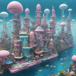 A whimsical image of a Seapunk city, filled with pastel-colored structures, underwater elements, and digital sea-life, all set in a marine-themed, retro-futuristic environment.