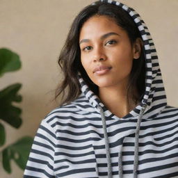 Person donned in a stylish black and white striped hoodie in a lifestyle setting.