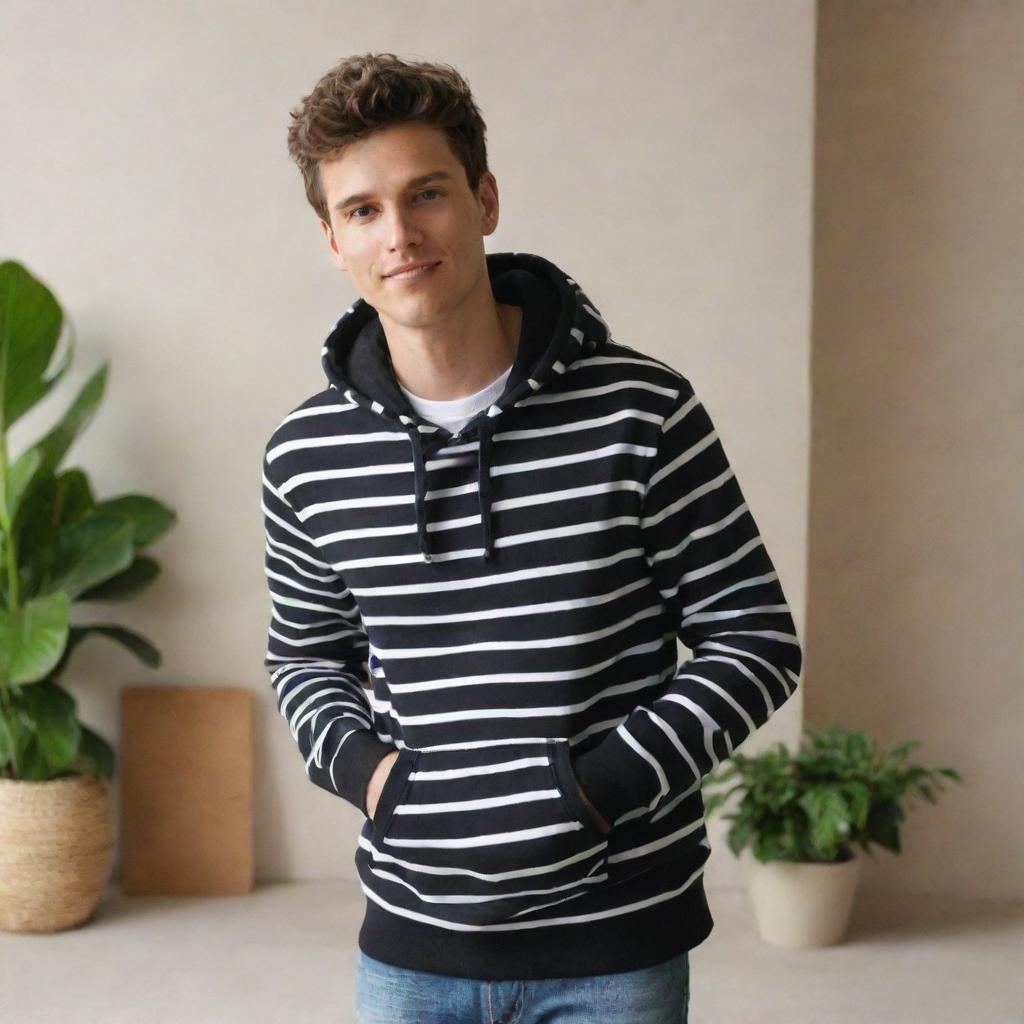 Person donned in a stylish black and white striped hoodie in a lifestyle setting.