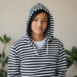 Person donned in a stylish black and white striped hoodie in a lifestyle setting.