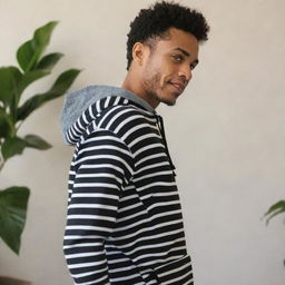 Person donned in a stylish black and white striped hoodie in a lifestyle setting.